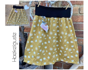 Size 38 knee-length "flowers" skirt jersey mustard yellow ochre dandelion ladies skirt A-line flared yellow