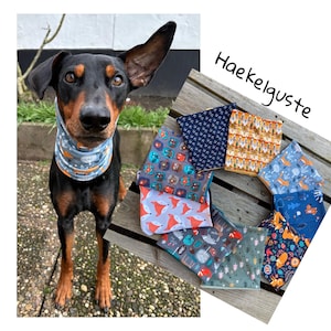 Könnte beinhalten: Ein schwarz-brauner Hund trägt einen grauen und orangefarbenen gemusterten Halswärmer. Der Hund steht auf einem Weg mit grünem Gras und Bäumen im Hintergrund. Das Bild zeigt auch eine Vielzahl von bunten Stoff-Halswärmern mit verschiedenen Mustern, darunter Füchse, Eulen und Bäume. Der Text "Haekelguste" ist in der oberen rechten Ecke des Bildes sichtbar.