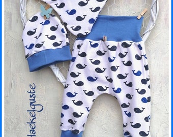 Baby Set Gr. 56-62  Pumphose + Mütze + Dreieckstuch Wal Fisch Pants Kinder Set Geschenk zur Geburt