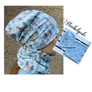 Horse Beanie / Loop Set Girls, Hat, Longbeanie, light blue mint green grey