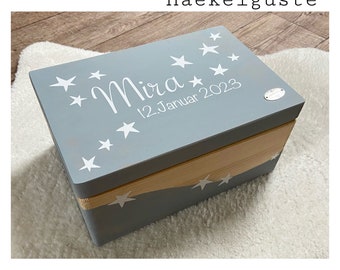 große Erinnerungskiste Personalisiert Name Geburt Geschenk Baby Taufe Holzkiste HolzBox Kind mint grau rosa Geschenkidee Geburtstag