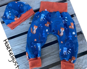 Pump pants dark blue pants jogger pants children unisex baby girl boy kindergarten wax pants rust fox forest animals hat with cuffs
