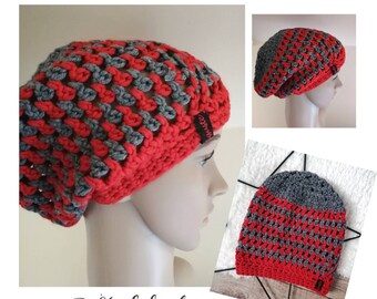 Beanie Häkelmütze Damen Mütze Longbeanie Wollmütze rot grau Strickmütze