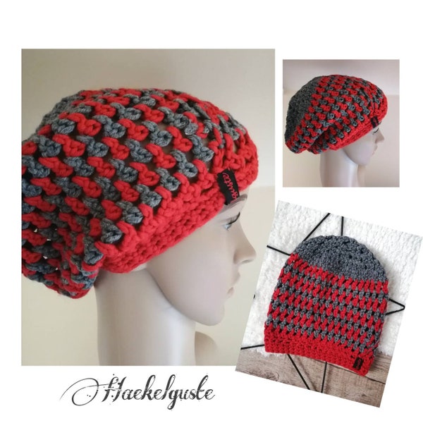 Beanie Häkelmütze Damen Mütze Longbeanie Wollmütze rot grau Strickmütze