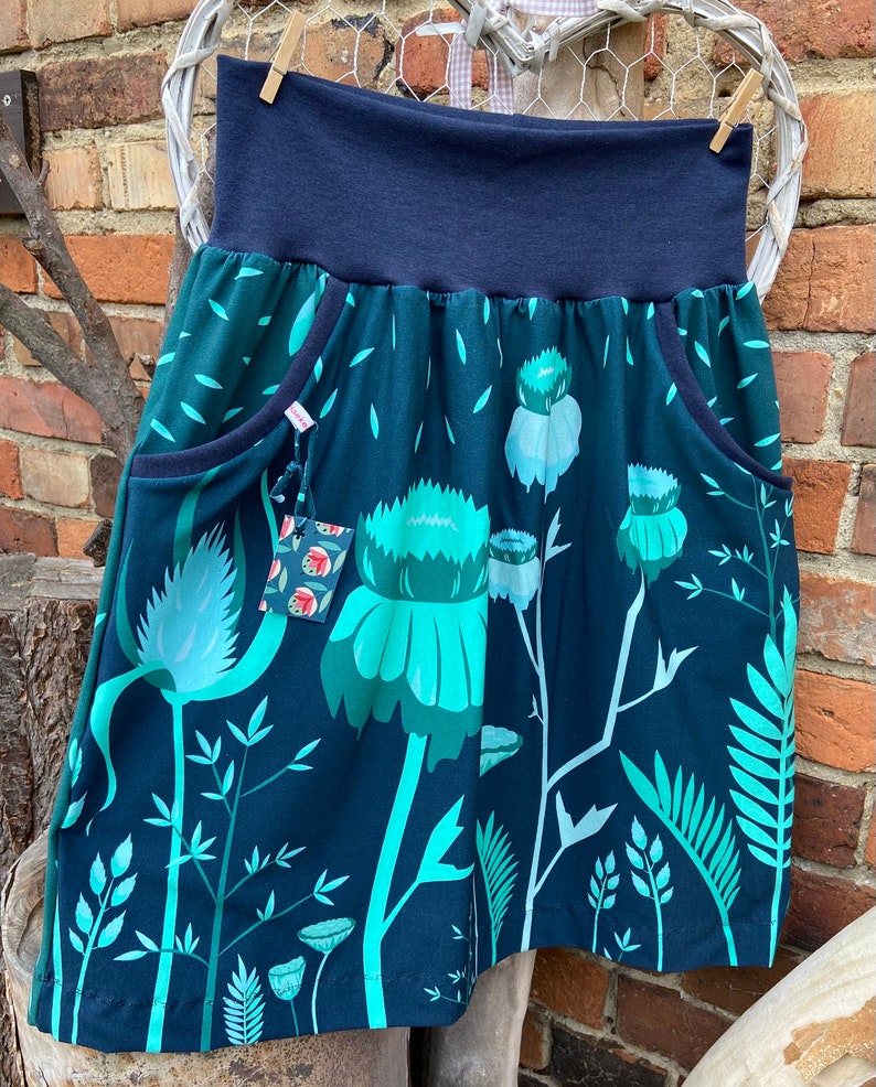 Knee-length skirt Autumn Night jersey ladies skirt flowers grasses turquoise petrol image 5