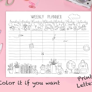 Printable Planner, Girls Weekly Planner, Kids Activity Schedule, Cute Doodles Routine Chart, Kids Calendar, Homeschool Weekly Schedule