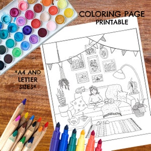Cozy Coloring Page / Hygge Room / Cute and Cozy Home Interior / Book Nook / Book Lover / Cat Lover / Printable Instant download