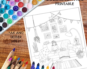 Cozy home life printable Coloring Page / Hygge living Room adult coloring sheet / Book Lover / Cat Lover / Printable Instant download