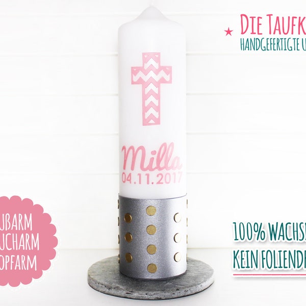 Taufkerze Mädchen Kreuz Chevron Punkte modern