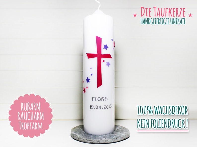 Taufkerze Mädchen, Taufkerzen Kreuz Bild 1