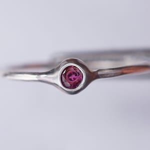 Puede incluir: Un anillo de plata con una peque&ntilde;a piedra preciosa redonda de color p&uacute;rpura engastada en un engaste de bisel.