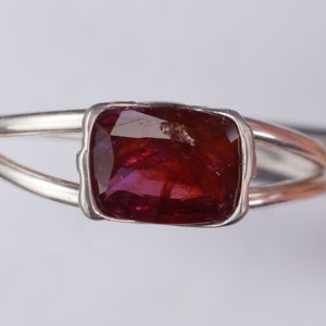 Pu&ograve; includere: Un anello d'argento con una pietra preziosa rossa incastonata in una montatura a castone. L'anello ha una gambo diviso.