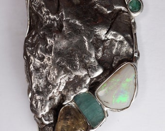 Meteorite Tourmaline Sapphire, Opal, Emerald, diamond Pendant