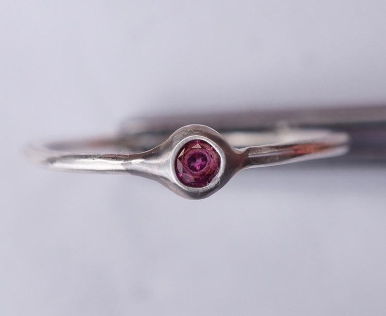 Puede incluir: Un anillo de plata con una peque&ntilde;a piedra preciosa redonda de color p&uacute;rpura engastada en el centro.