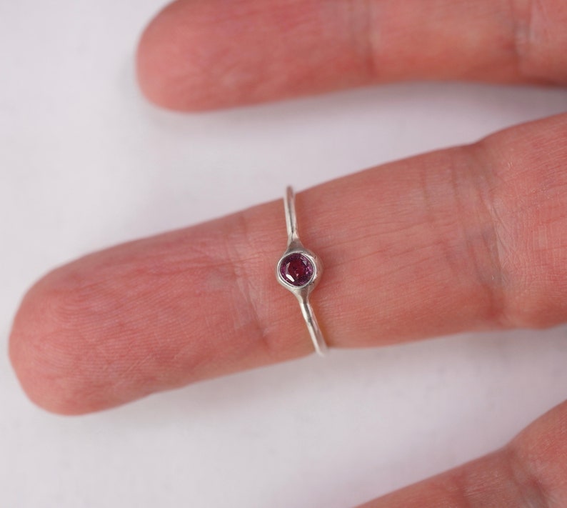 Pu&ograve; includere: Un anello d'argento con una piccola pietra preziosa rotonda di colore viola incastonata al centro.