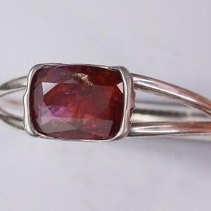 Pu&ograve; includere: Un anello d'argento con una pietra preziosa sfaccettata di colore rosso scuro incastonata in una montatura a castone.