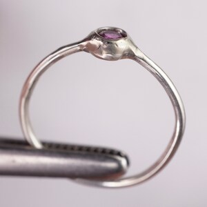 Pu&ograve; includere: Un anello d'argento con una piccola pietra preziosa rotonda e viola incastonata in una montatura a castone.