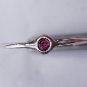 Puede incluir: Un anillo de plata con una sola piedra preciosa redonda y p&uacute;rpura engastada en un engaste de bisel.