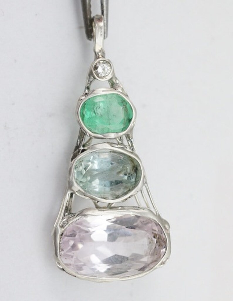 Aquamarine Emerald Kunzite Diamond Amulet image 2