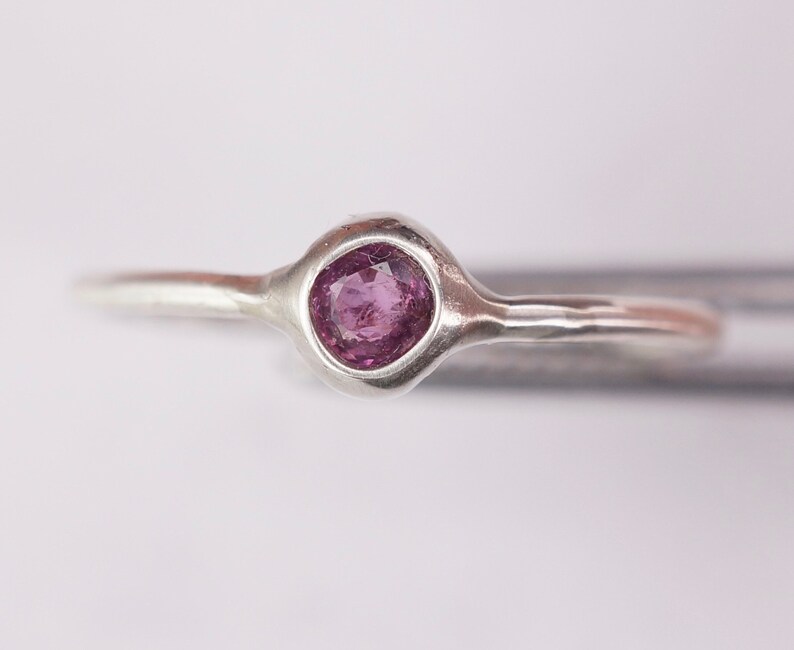 Pu&ograve; includere: Un anello d'argento con una piccola pietra preziosa rotonda di colore viola incastonata in una montatura a castone.