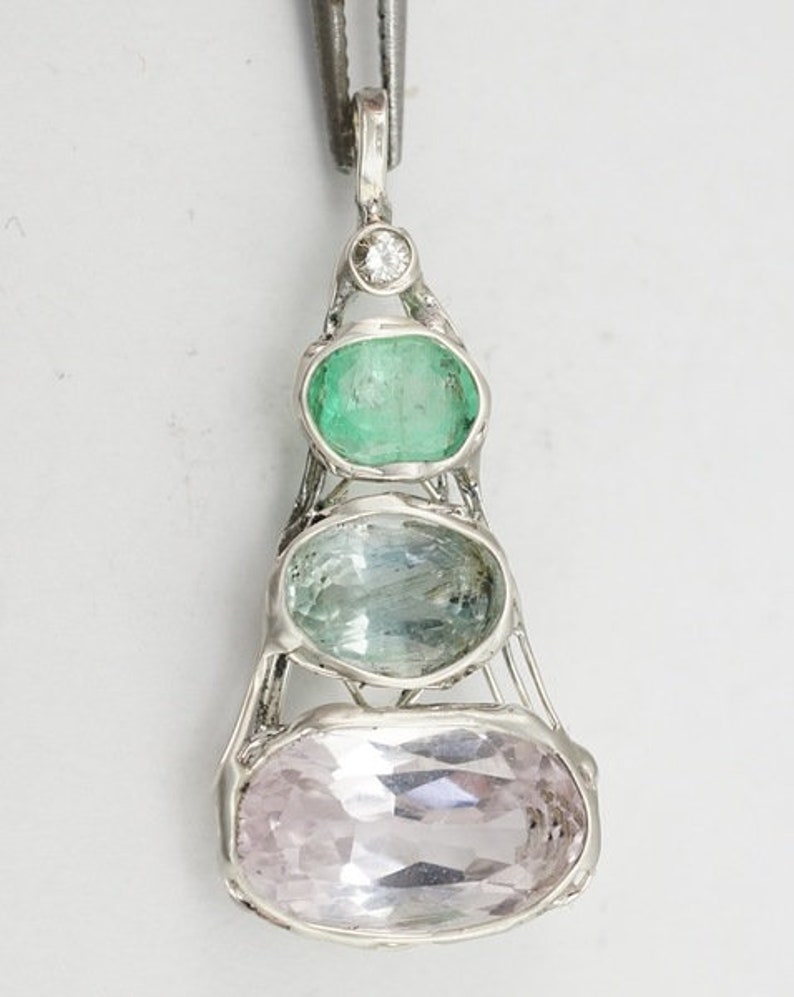 Aquamarine Emerald Kunzite Diamond Amulet image 4