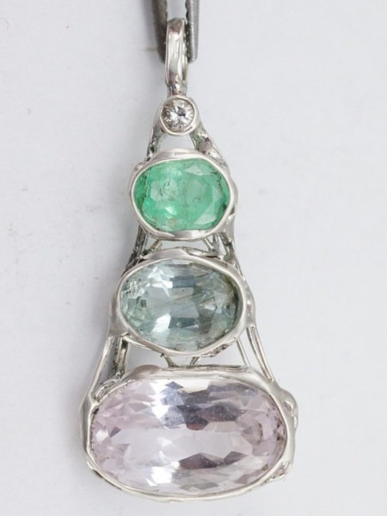 Aquamarine Emerald Kunzite Diamond Amulet image 3