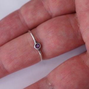 Puede incluir: Un anillo de plata con una peque&ntilde;a piedra preciosa redonda de color p&uacute;rpura.