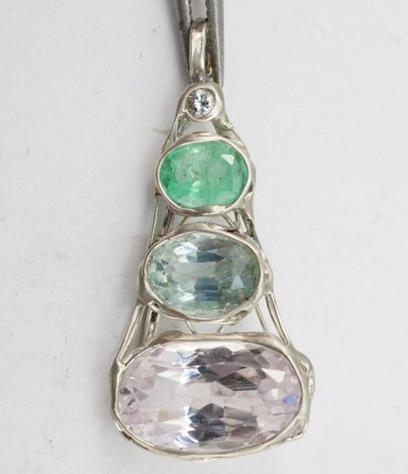 Aquamarine Emerald Kunzite Diamond Amulet image 1