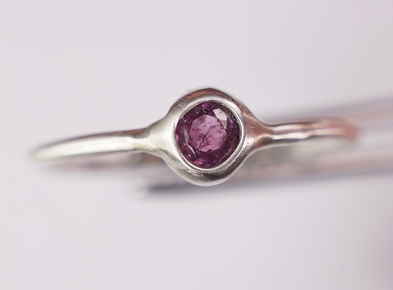 Pu&ograve; includere: Un anello d'argento con una singola pietra preziosa rotonda e viola incastonata in una montatura a castone.