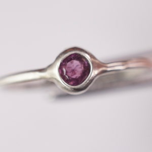 Pu&ograve; includere: Un anello d'argento con una piccola pietra preziosa rotonda di colore viola incastonata in una montatura a castone.