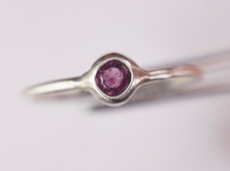 Pu&ograve; includere: Un anello d'argento con una piccola pietra preziosa rotonda di colore viola incastonata in una montatura a castone.