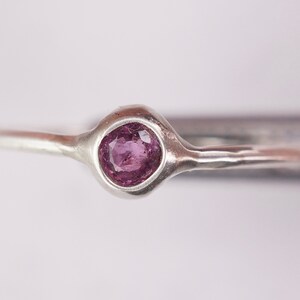 Pu&ograve; includere: Un anello d'argento con una piccola pietra preziosa rotonda di colore viola incastonata in una montatura a castone.