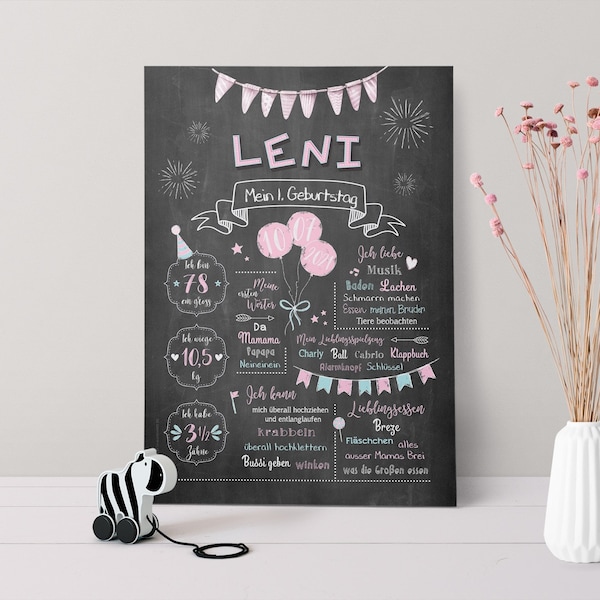 Meilensteintafel / Baby-Chalkboard zum 1. Geburtstag rosa