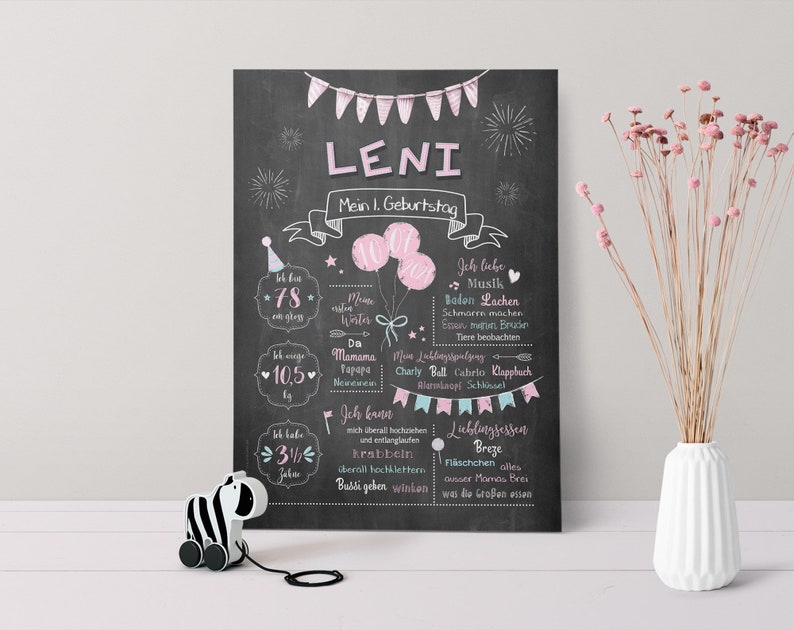 Puede incluir: Un letrero de pizarra con decoraciones rosas y azules para celebrar el primer cumplea&ntilde;os de un beb&eacute; llamado Leni. El letrero incluye detalles sobre la edad, el peso y las actividades favoritas del beb&eacute;.