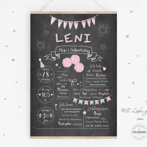 Puede incluir: Un letrero de pizarra con decoraciones rosas y azules para celebrar el primer cumplea&ntilde;os de un beb&eacute; llamado Leni. El letrero incluye detalles como la edad, el peso y las cosas favoritas. Tambi&eacute;n tiene una secci&oacute;n para las comidas favoritas y un mensaje que dice "Hecho con amor".
