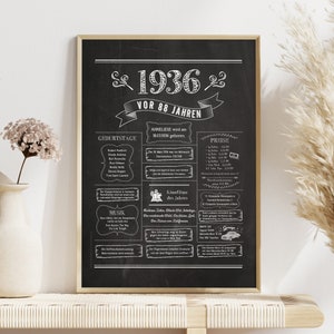 Retro Chalkboard Poster Jahrgang 1936 / Jahreschronik / Geschenk zum Geburtstag, Hochzeitstag, Jubiläum