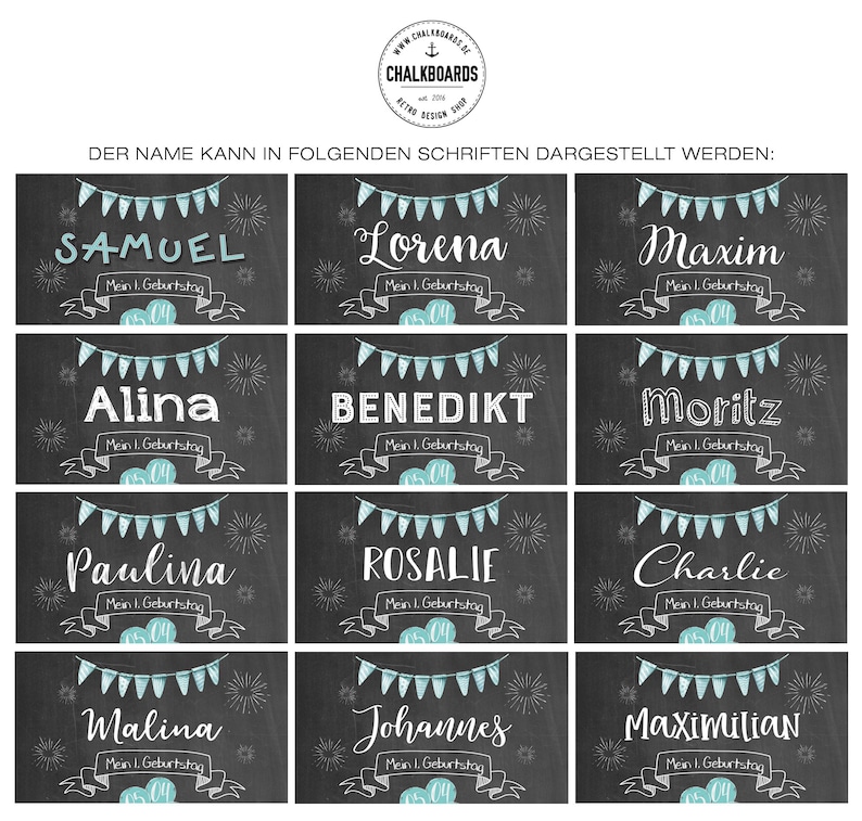 Puede incluir: Un letrero de pizarra con 12 nombres diferentes escritos en varias fuentes. Cada nombre est&aacute; rodeado por una pancarta de banderas y fuegos artificiales. El texto "DER NAME KANN IN FOLGENDEN SCHRIFTEN DARGESTELLT WERDEN:" est&aacute; en la parte superior de la pizarra.