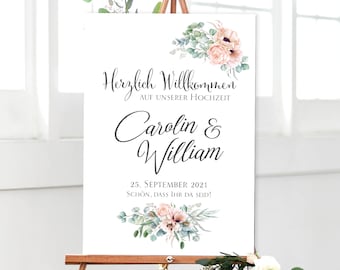 HOCHZEITSSCHILD „WILLKOMMEN“ WEISS, Eukalyptus / Schild Hochzeit