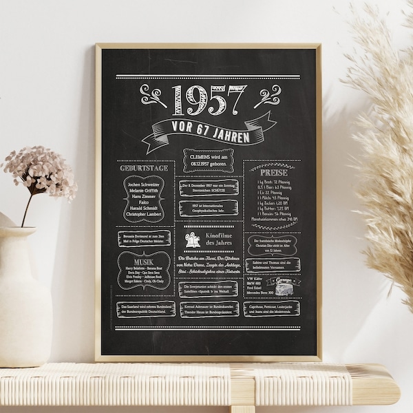 Retro Chalkboard Poster Jahrgang 1957 / Jahreschronik / Geschenk zum Geburtstag, Hochzeitstag, Jubiläum