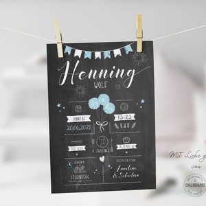 Poster zur Geburt im Chalkboard-Design - BLAU / Geburtstafel / Geschenk zur Geburt