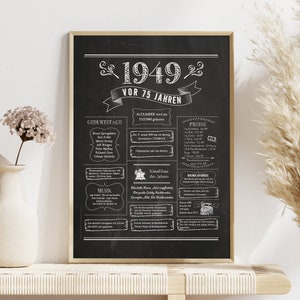 Retro Chalkboard Poster Jahrgang 1949 / Jahreschronik / Geschenk zum Geburtstag, Hochzeitstag, Jubiläum
