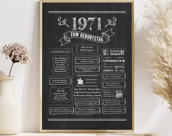 Póster de pizarra retro vintage de 1971 • Anuario personalizado • Regalo para cumpleaños • Aniversario • Aniversario de bodas • Decoraciones de cumpleaños