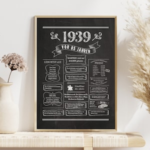Retro Chalkboard Poster Jahrgang 1939 / Jahreschronik / Geschenk zum Geburtstag, Hochzeitstag, Jubiläum