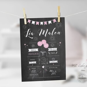 Poster zur Geburt im Chalkboard-Design - ROSA / Geburtstafel / Geschenk zur Geburt