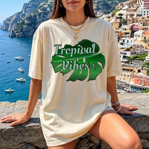 Tropical Vibes Quote Shirt Design, Botanical Monstera Leaf PNG, Digital Green Element Sublimation