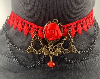 eye-catching red choker, perfect for. Dirndl with chains, flowers & pearls (choker, dirndl necklace, traditional necklace, gothic, burlesque necklace)