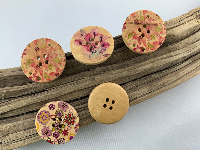 5 wooden buttons 30 mm natural flowers colorful flowers flowers printed natural colored buttons scrapbooking motif buttons image 4