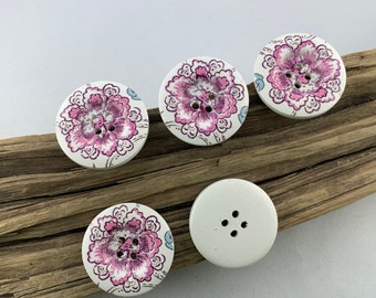 5 wooden buttons * 30 mm * white * purple flowers * lilac * flower * printed * white buttons * scrapbooking * motif buttons