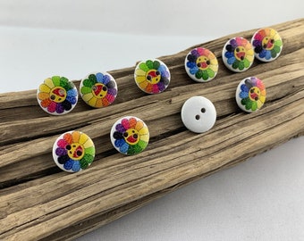 10 white wooden buttons * with colorful suns or flowers * wood * 15 mm * scrapbooking * motif buttons * children's buttons