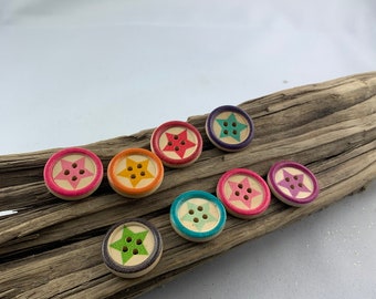 5 wooden buttons with star pattern * Star * Star * Scrapbooking * red yellow green purple brown